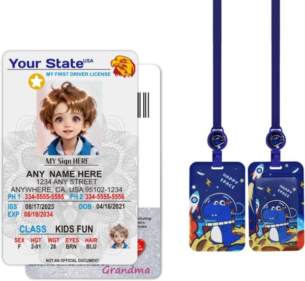 Personalized Kid Driver License: Custom Child ID Card with Holder, Printed Emergency Contact Information. Not for Official Use